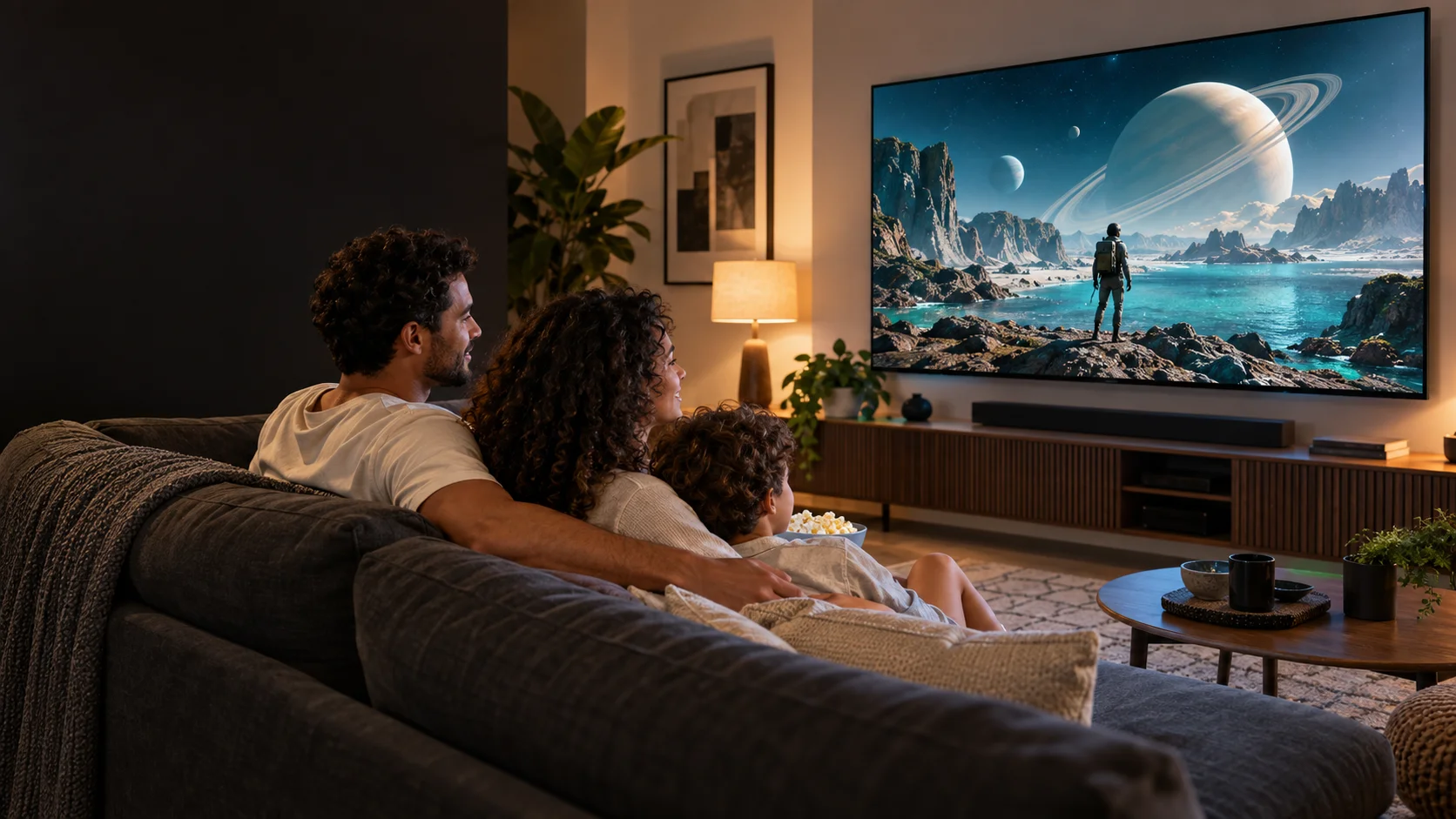 Família reunida no sofá olhando para uma cena fictícia na TV.