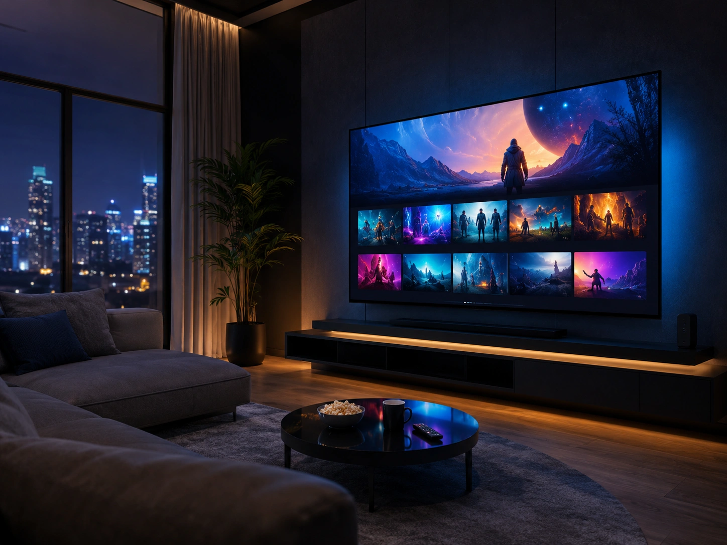 Sala de estar à noite com uma TV grande exibindo o catálogo de filmes e séries
