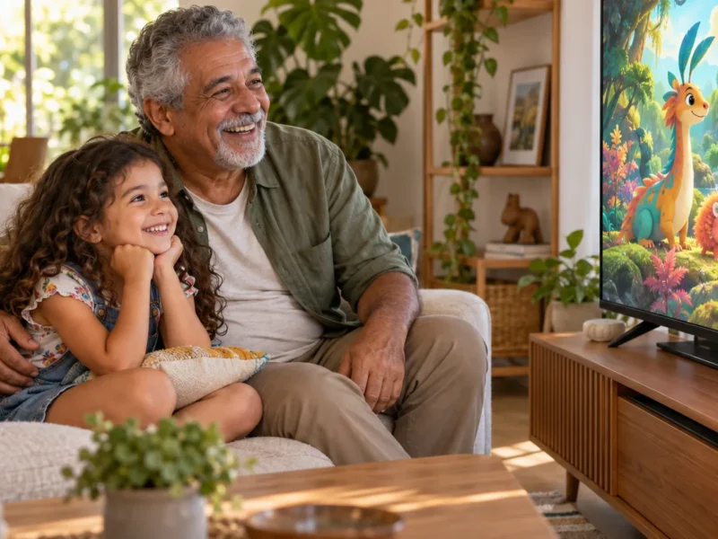 Avô e neta sentados juntos no sofá, sorrindo diante de uma TV que exibe um desenho animado fictício de uma floresta colorida