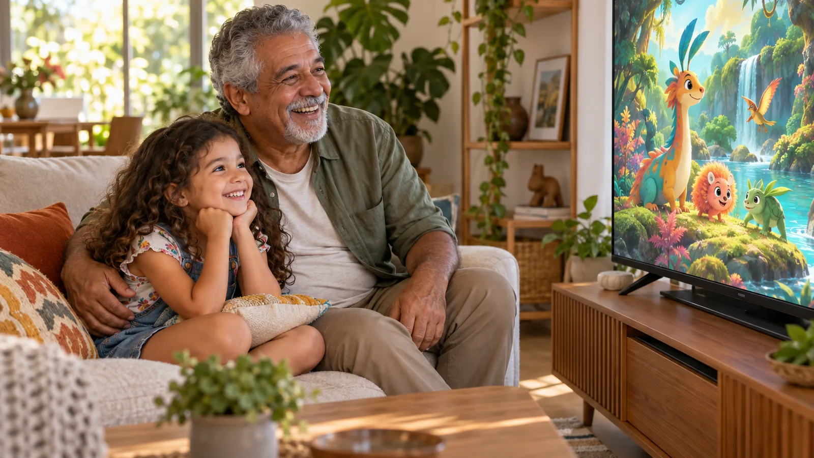 Avô e neta sentados juntos no sofá, sorrindo diante de uma TV que exibe um desenho animado fictício de uma floresta colorida