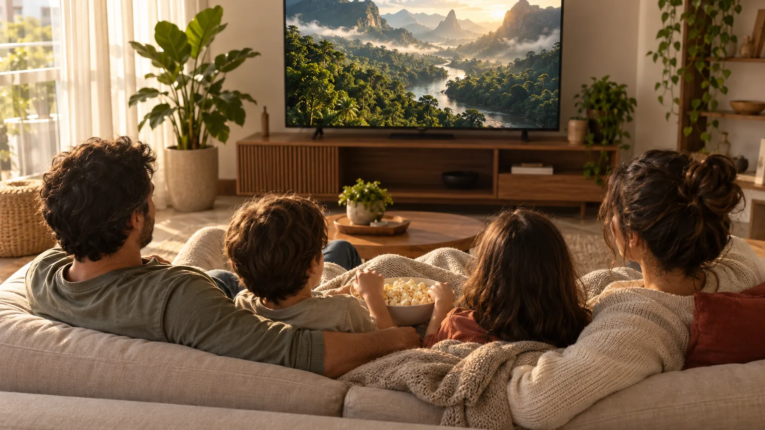 Família com duas crianças no sofá, com mantas e uma tigela de pipoca, assistindo a uma TV que mostra uma floresta fictícia ao entardecer