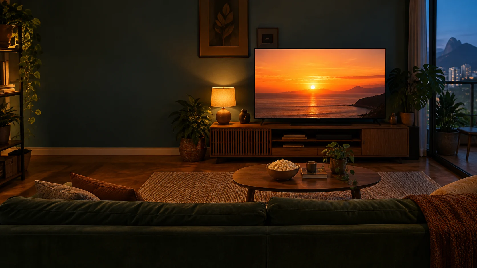Sala de estar à noite com luz baixa, sofá com mantas e almofadas de frente para uma TV que exibe uma paisagem fictícia