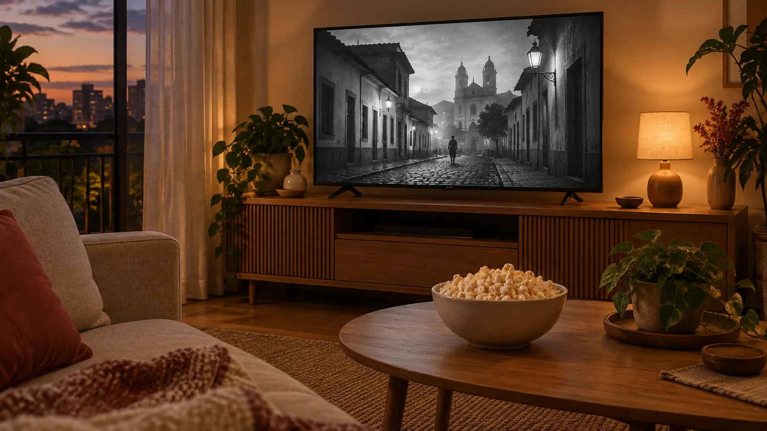 Sala de estar à noite com sofá, pipoca e uma TV exibindo uma cena ilustrativa em preto e branco de uma rua antiga