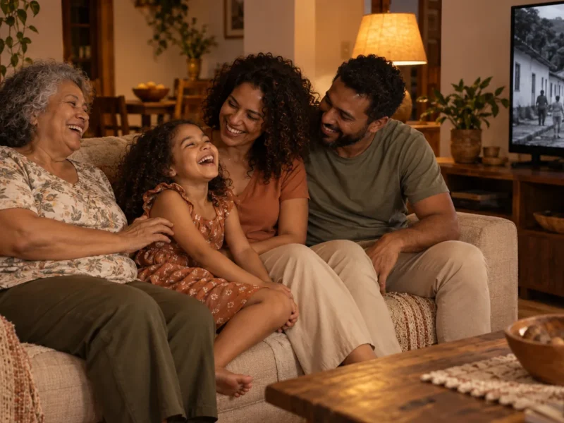 Família de três gerações rindo no sofá da sala, com avó, pais e criança diante de uma TV que exibe uma cena ilustrativa em preto e branco