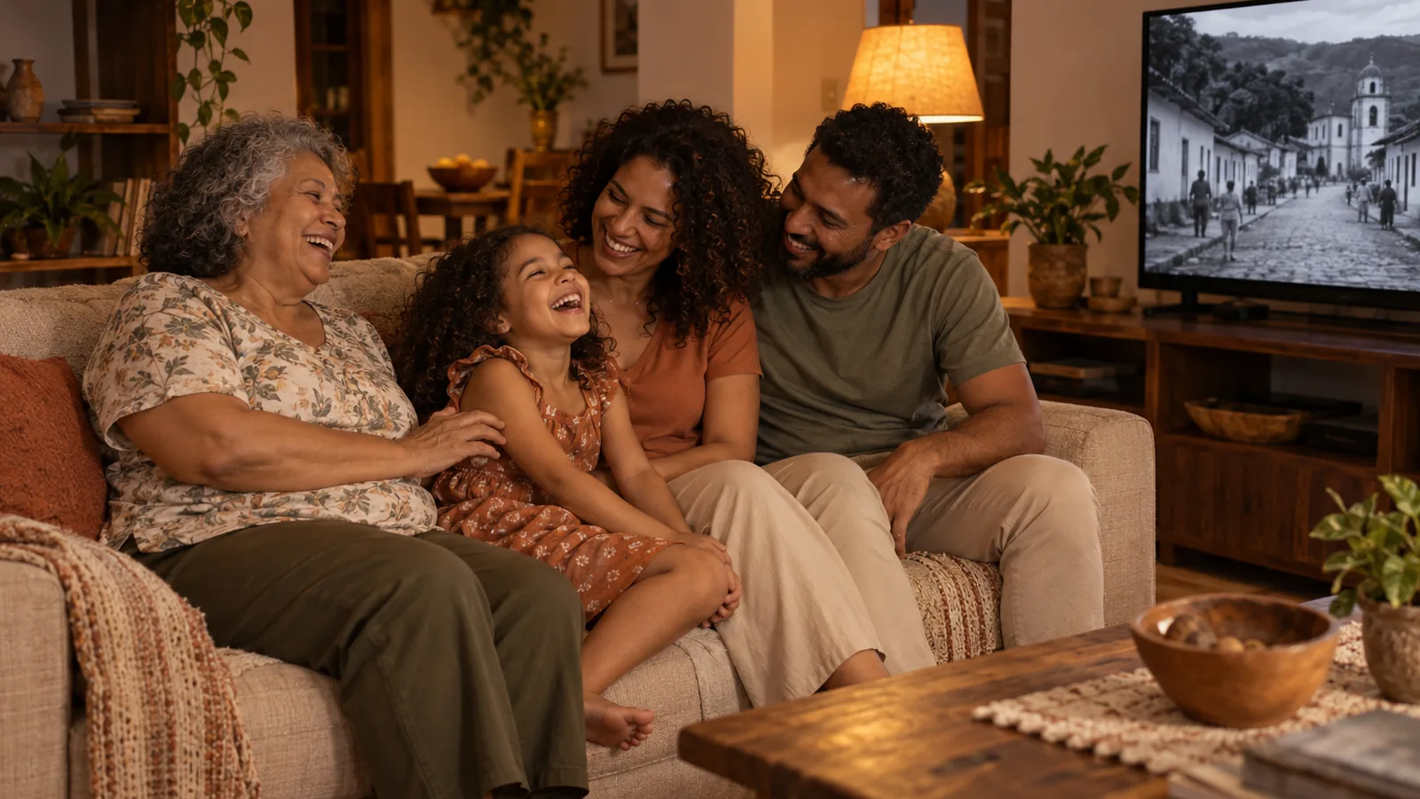 Família de três gerações rindo no sofá da sala, com avó, pais e criança diante de uma TV que exibe uma cena ilustrativa em preto e branco