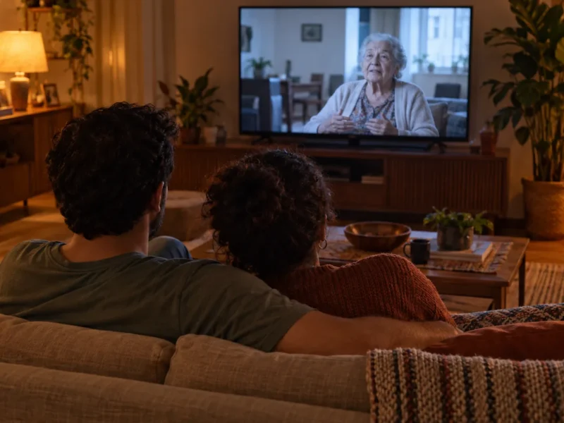 Casal sentado no sofá assistindo com atenção a uma TV que mostra uma cena ilustrativa de uma entrevista em um apartamento simples