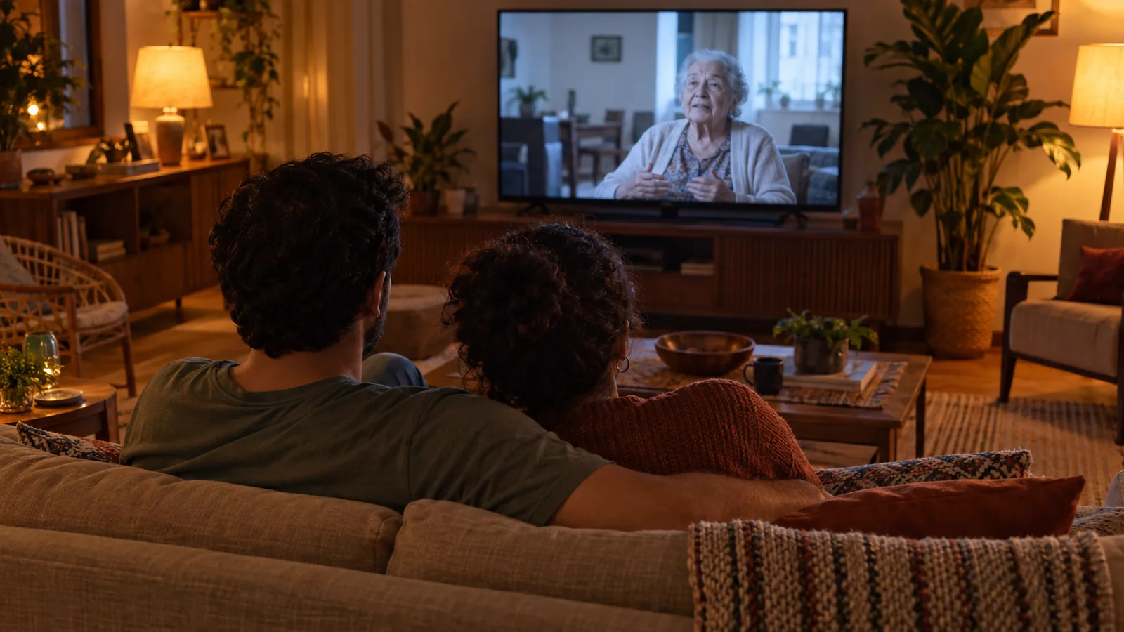Casal sentado no sofá assistindo com atenção a uma TV que mostra uma cena ilustrativa de uma entrevista em um apartamento simples