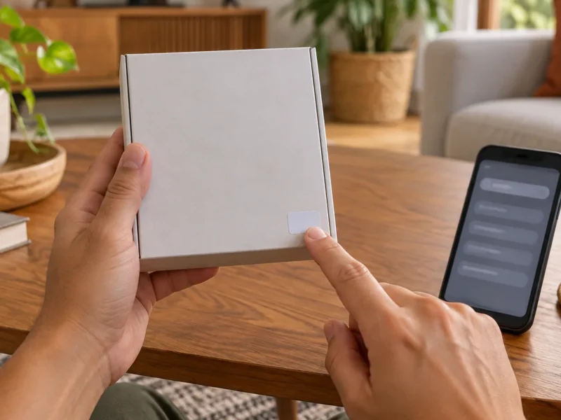 Mãos segurando a caixa de um aparelho de streaming genérico e apontando para uma etiqueta com código numérico, com um celular aberto em uma página de consulta ao lado