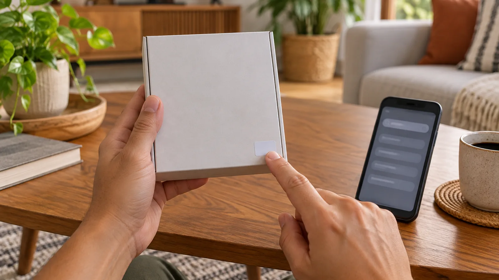 Mãos segurando a caixa de um aparelho de streaming genérico e apontando para uma etiqueta com código numérico, com um celular aberto em uma página de consulta ao lado
