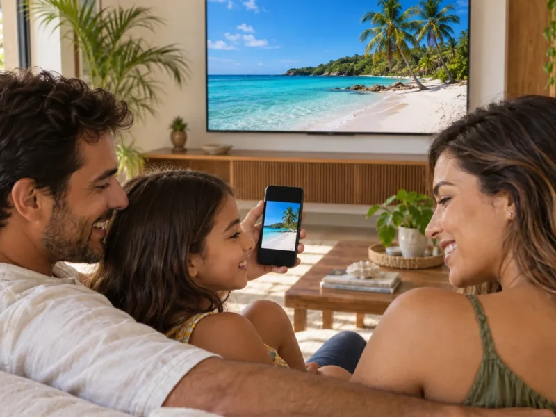 Família no sofá olhando fotos de viagem na TV enquanto uma pessoa segura o celular que exibe a mesma imagem