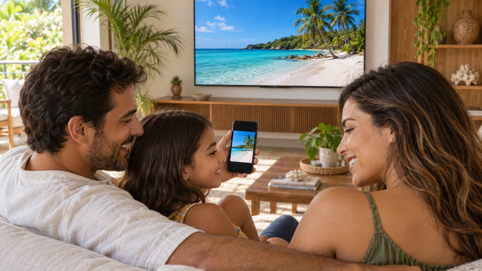 Família no sofá olhando fotos de viagem na TV enquanto uma pessoa segura o celular que exibe a mesma imagem