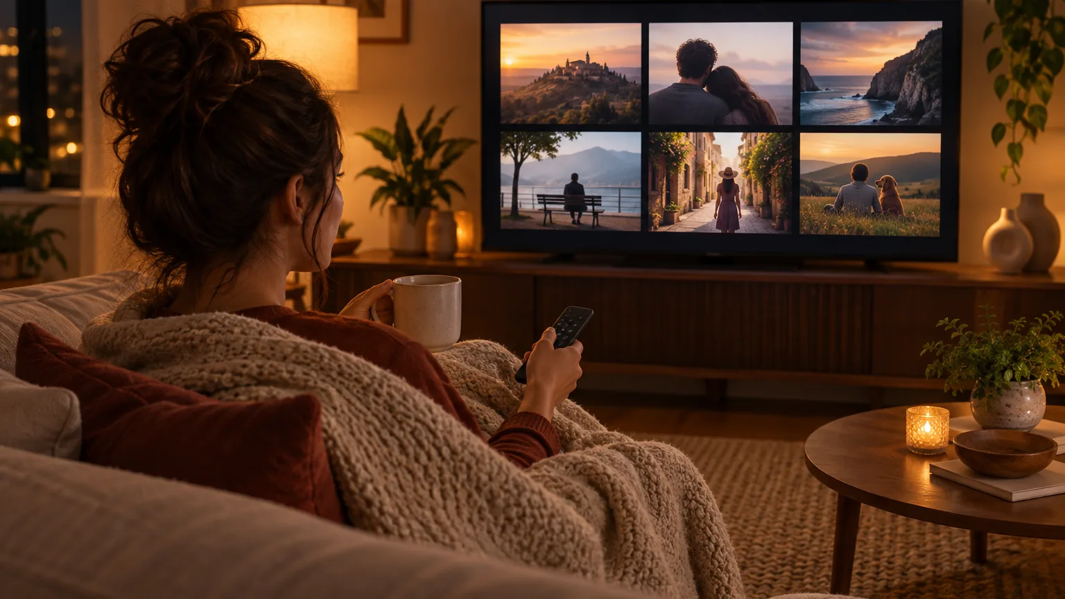 Pessoa sentada no sofá com uma manta e uma xícara, escolhendo um filme na TV com o controle remoto à noite