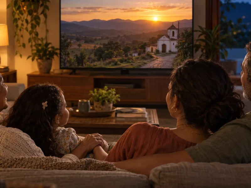Família de três gerações de mãos dadas no sofá da sala, assistindo juntos a um filme em clima de emoção serena