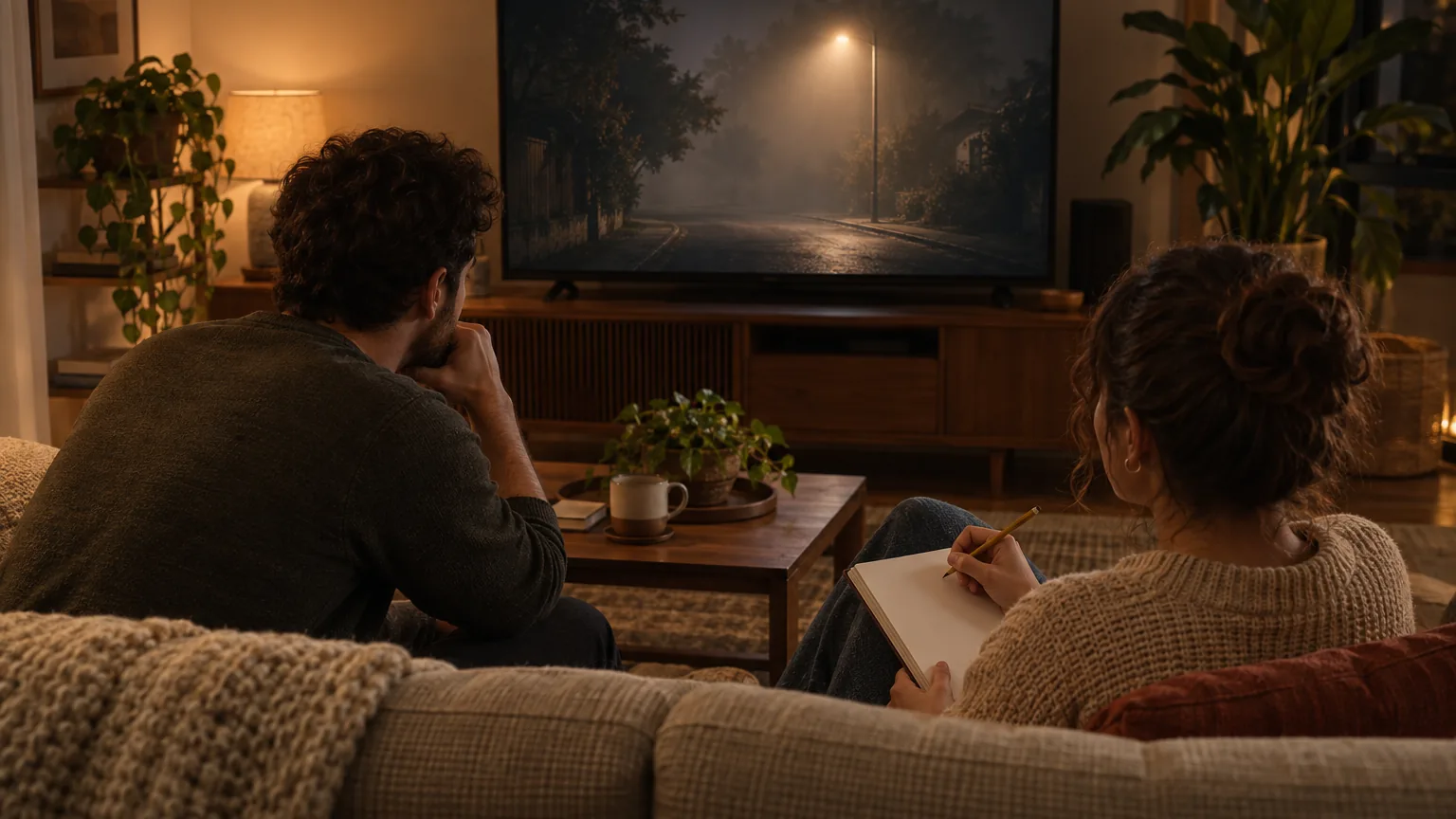 Duas pessoas no sofá à meia-luz, uma anotando suspeitas em um caderno, diante de uma TV que exibe uma rua noturna fictícia