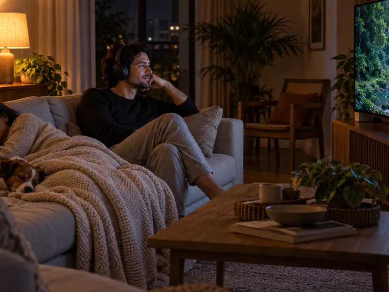 Pessoa assistindo TV à noite com fone de ouvido sem fio enquanto outra pessoa dorme no sofá ao lado