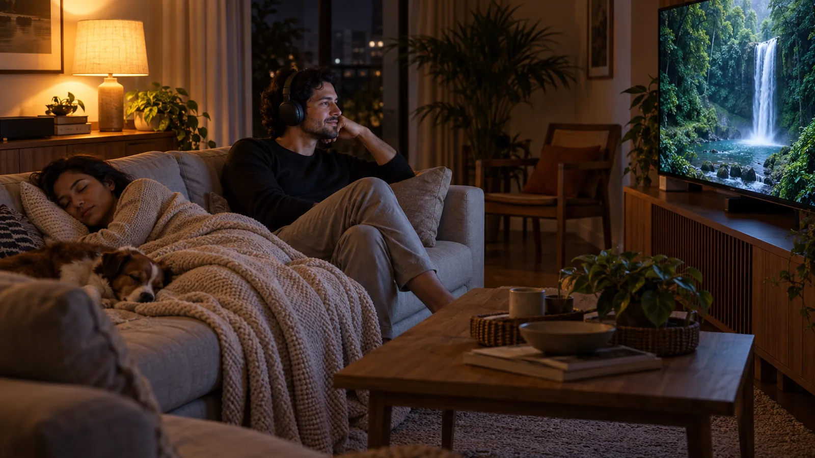 Pessoa assistindo TV à noite com fone de ouvido sem fio enquanto outra pessoa dorme no sofá ao lado