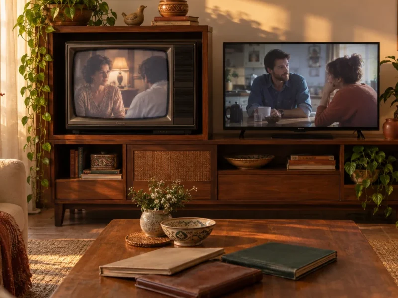 Televisor antigo de tubo ao lado de uma TV moderna numa sala brasileira, sugerindo a passagem do tempo na televisão