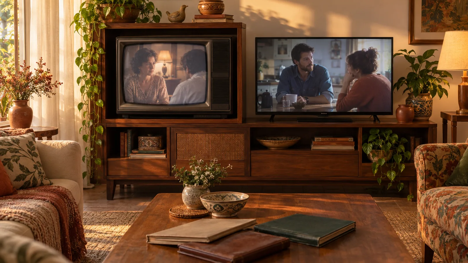 Televisor antigo de tubo ao lado de uma TV moderna numa sala brasileira, sugerindo a passagem do tempo na televisão