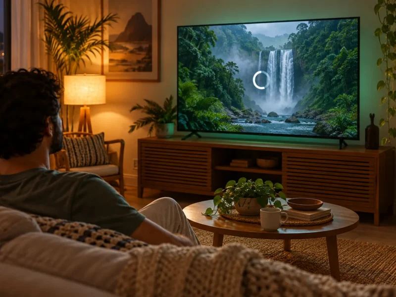 Pessoa no sofá olhando para a TV com um ícone de carregamento na tela, com o roteador sobre um móvel ao fundo