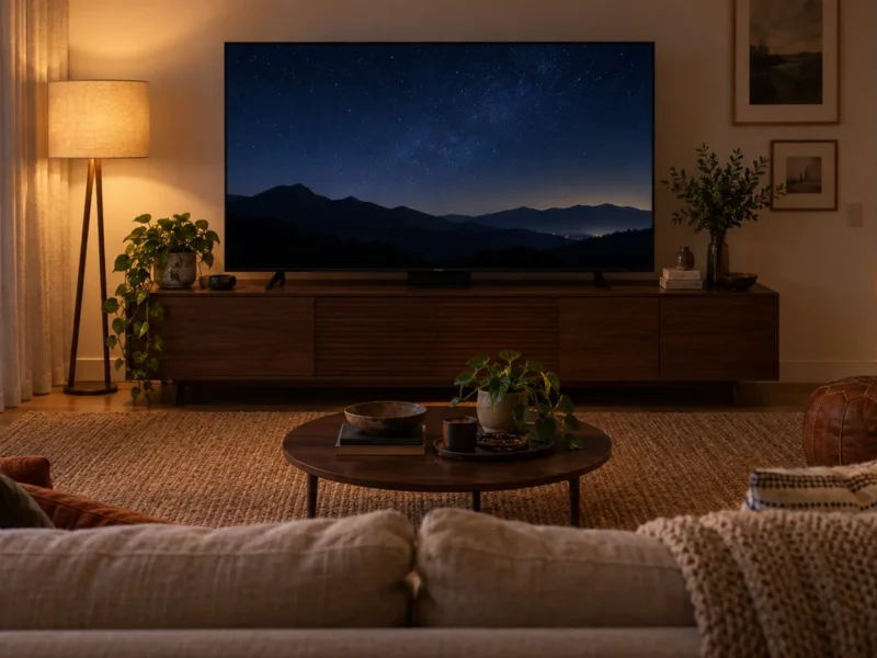 Sala de estar com sofá diante de uma TV grande que exibe uma paisagem noturna fictícia com céu estrelado e luzes de cidade