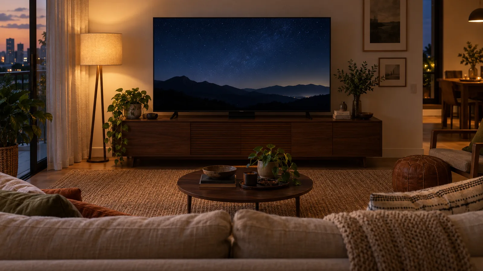 Sala de estar com sofá diante de uma TV grande que exibe uma paisagem noturna fictícia com céu estrelado e luzes de cidade