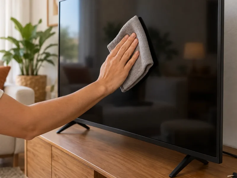 Mão passando um pano de microfibra cinza na tela desligada de uma TV sobre um rack de madeira