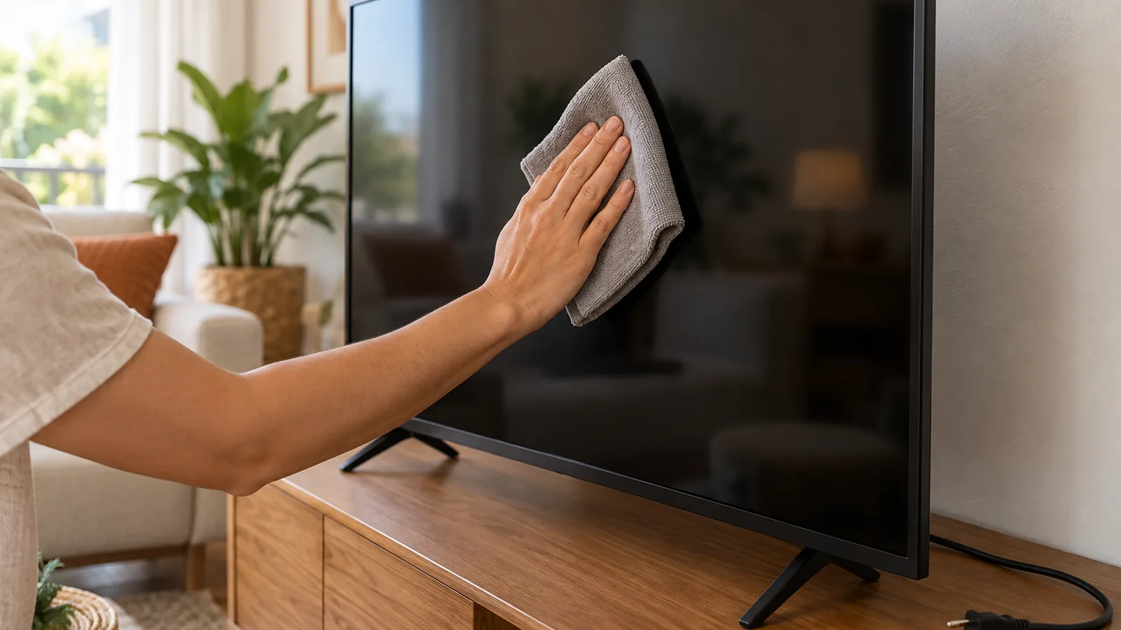 Mão passando um pano de microfibra cinza na tela desligada de uma TV sobre um rack de madeira