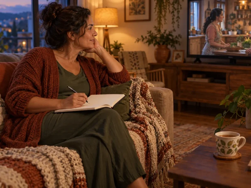 Pessoa no sofá com caderno de anotações ao lado enquanto assiste a uma novela na TV da sala