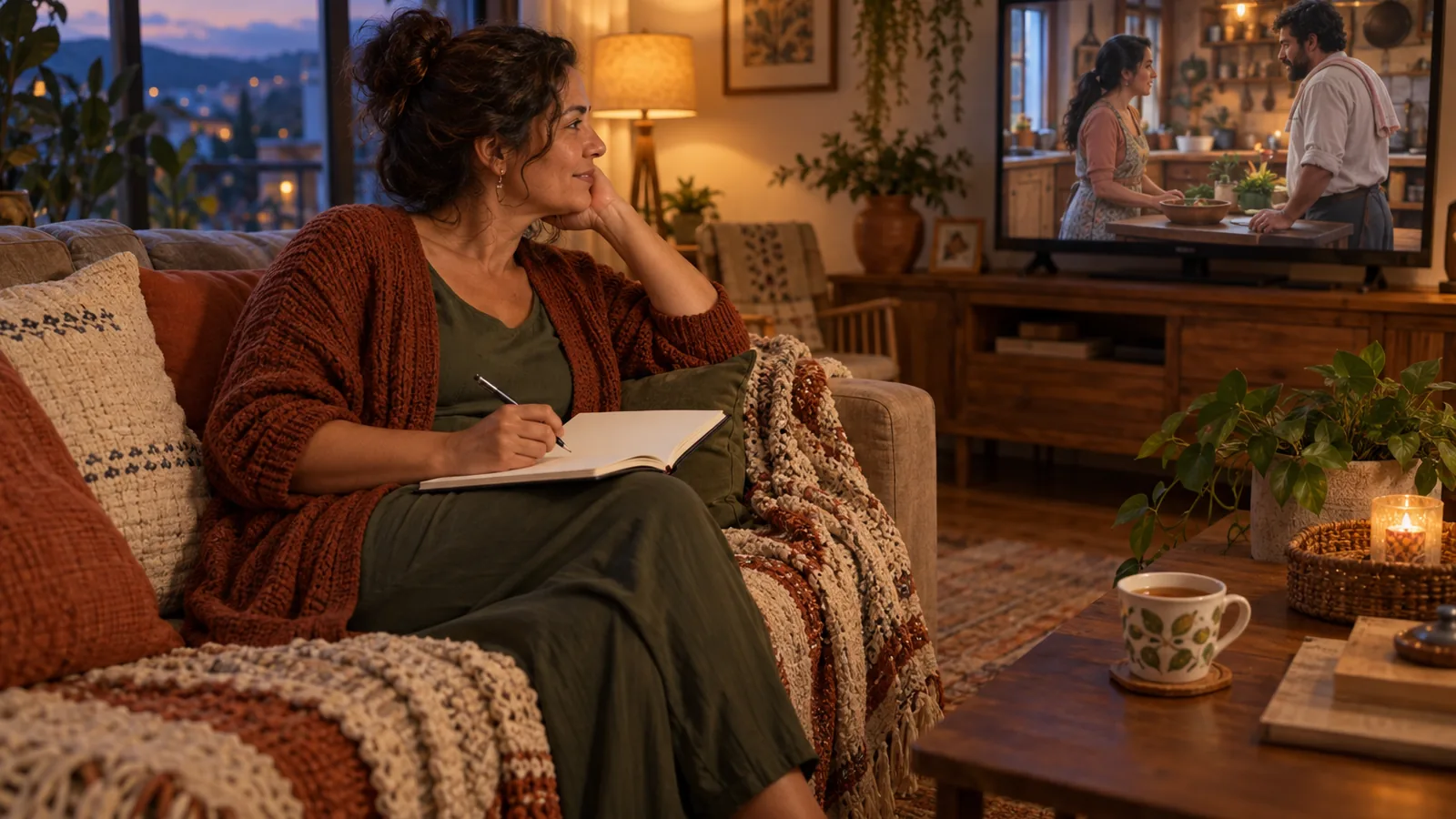Pessoa no sofá com caderno de anotações ao lado enquanto assiste a uma novela na TV da sala