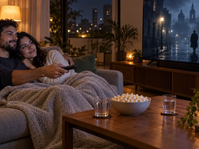 Casal jovem no sofá com manta e tigela de pipoca, pausando a TV entre um episódio e outro de uma série fictícia