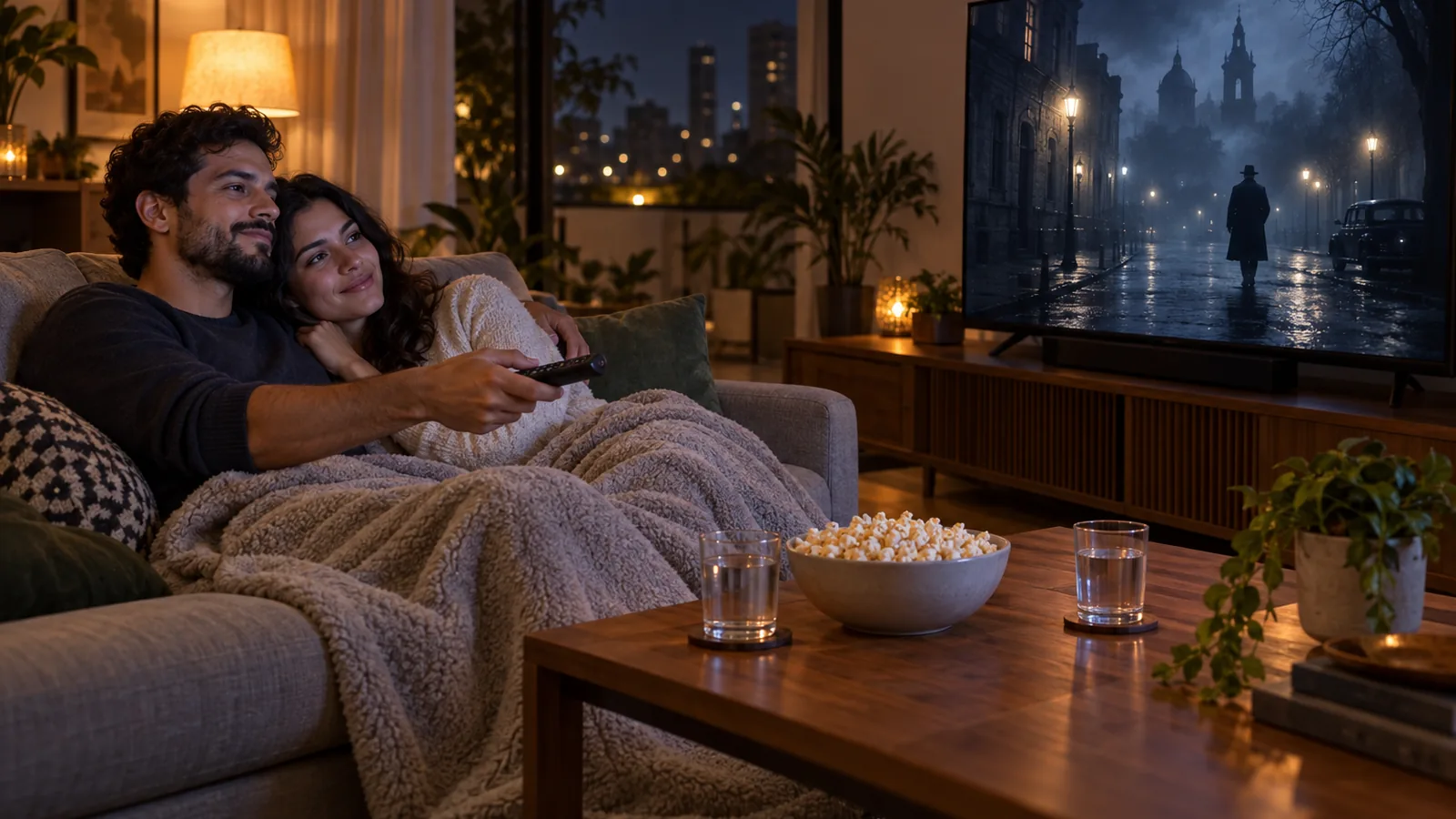 Casal jovem no sofá com manta e tigela de pipoca, pausando a TV entre um episódio e outro de uma série fictícia