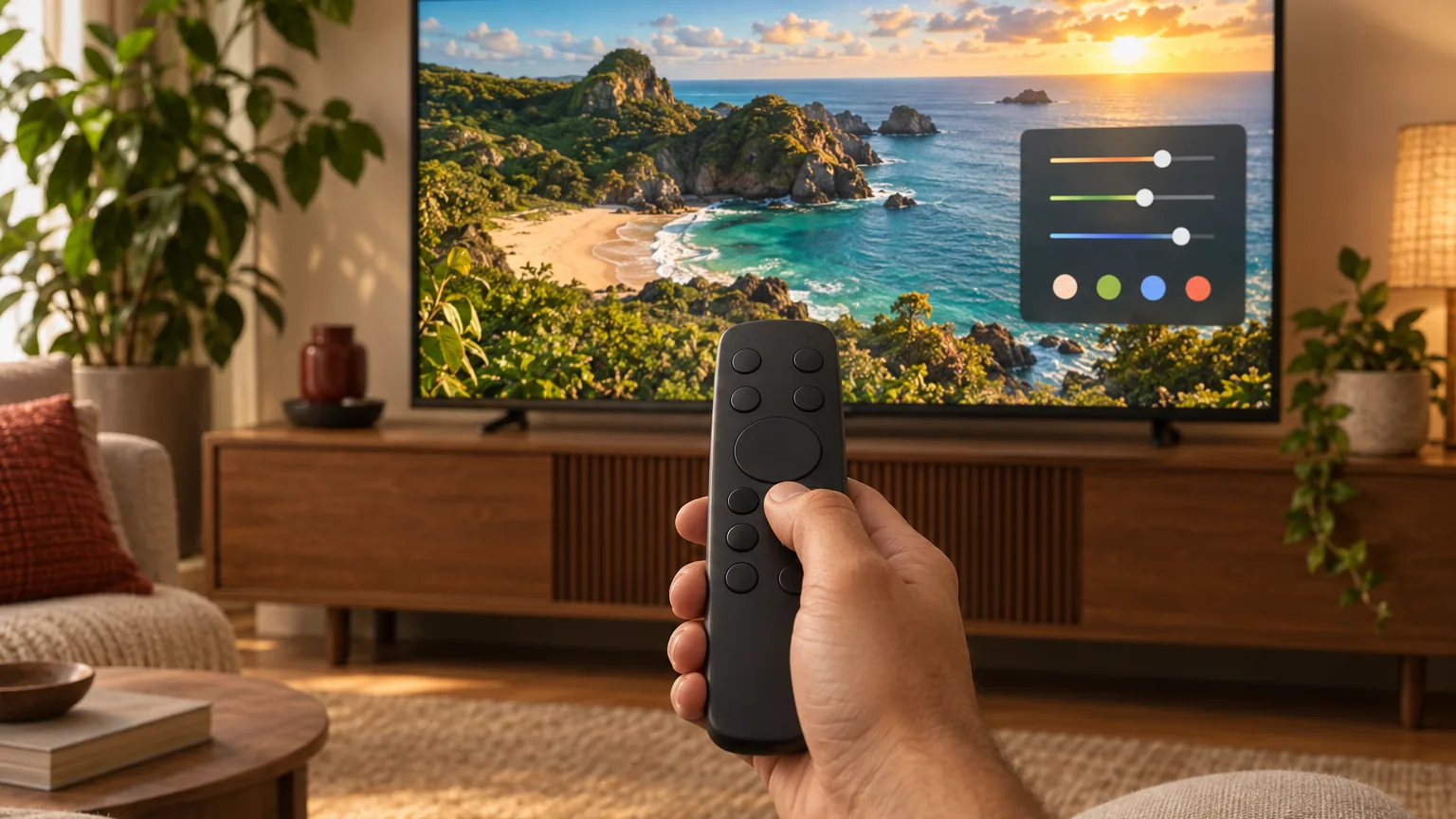 Mão segurando um controle remoto diante de uma TV que mostra o menu de ajustes de imagem sobre uma paisagem fictícia