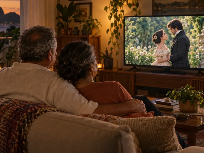 Casal de avós assistindo a uma novela de época na TV da sala no fim da tarde