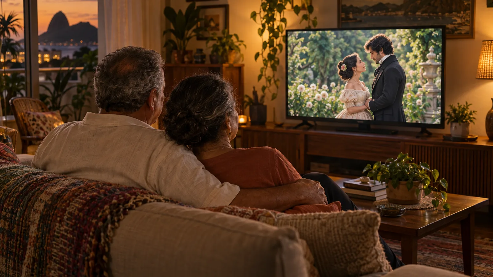 Casal de avós assistindo a uma novela de época na TV da sala no fim da tarde