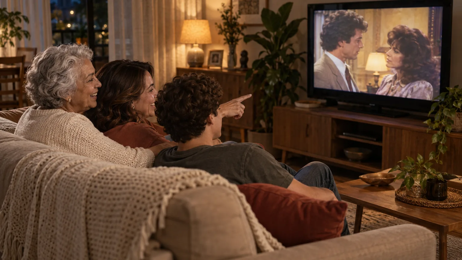 Família de três gerações assistindo juntos a uma novela na televisão da sala
