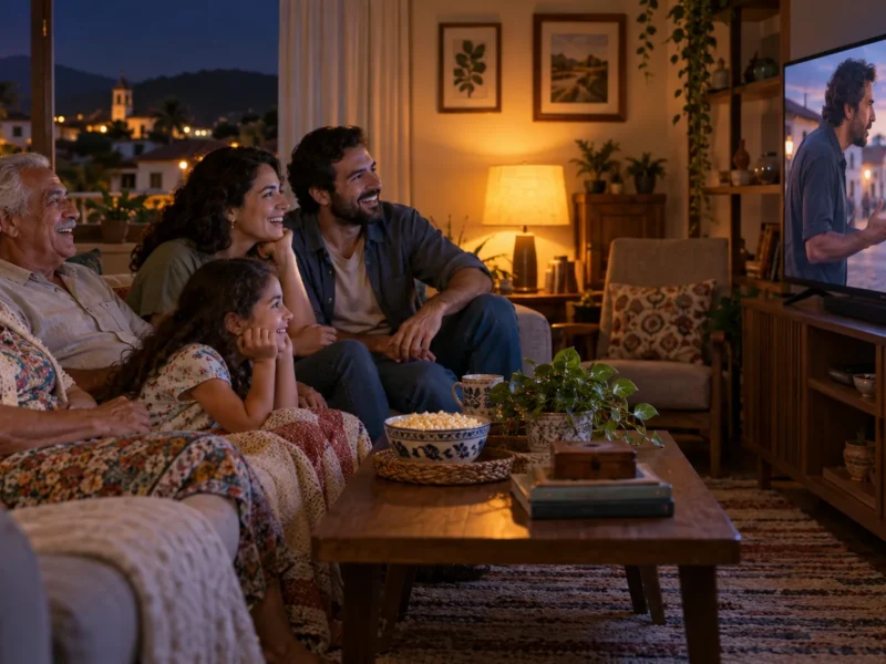 Família reunida na sala conversando e rindo enquanto assiste a uma novela na televisão