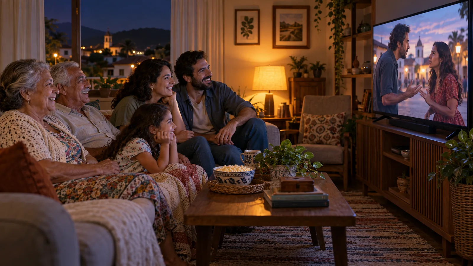 Família reunida na sala conversando e rindo enquanto assiste a uma novela na televisão