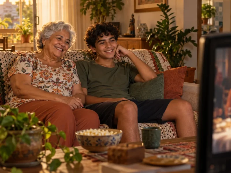 Avó e neto sentados lado a lado no sofá assistindo a uma novela na televisão da sala