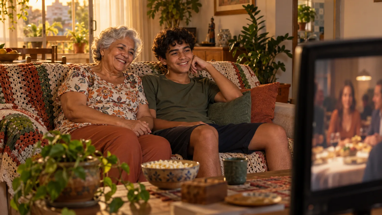 Avó e neto sentados lado a lado no sofá assistindo a uma novela na televisão da sala