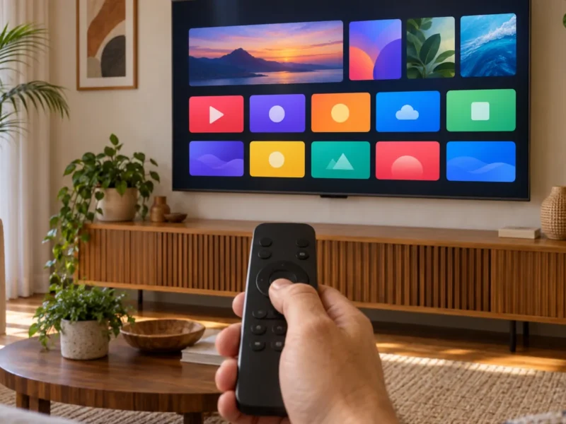 Mão segurando um controle remoto diante de uma TV que mostra uma tela inicial com fileiras de ícones de aplicativos genéricos