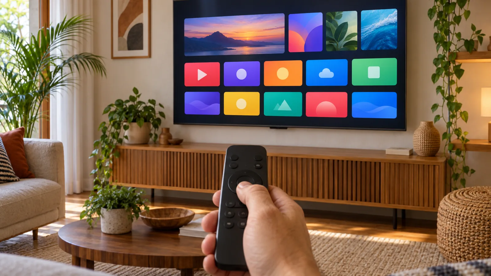 Mão segurando um controle remoto diante de uma TV que mostra uma tela inicial com fileiras de ícones de aplicativos genéricos