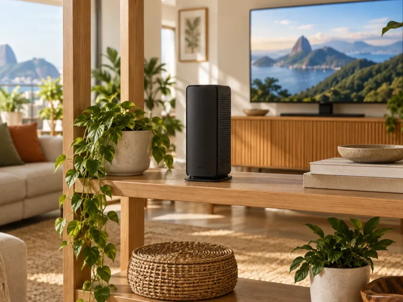 Roteador Wi-Fi sem marca sobre uma estante no centro de uma sala, com a TV ligada ao fundo