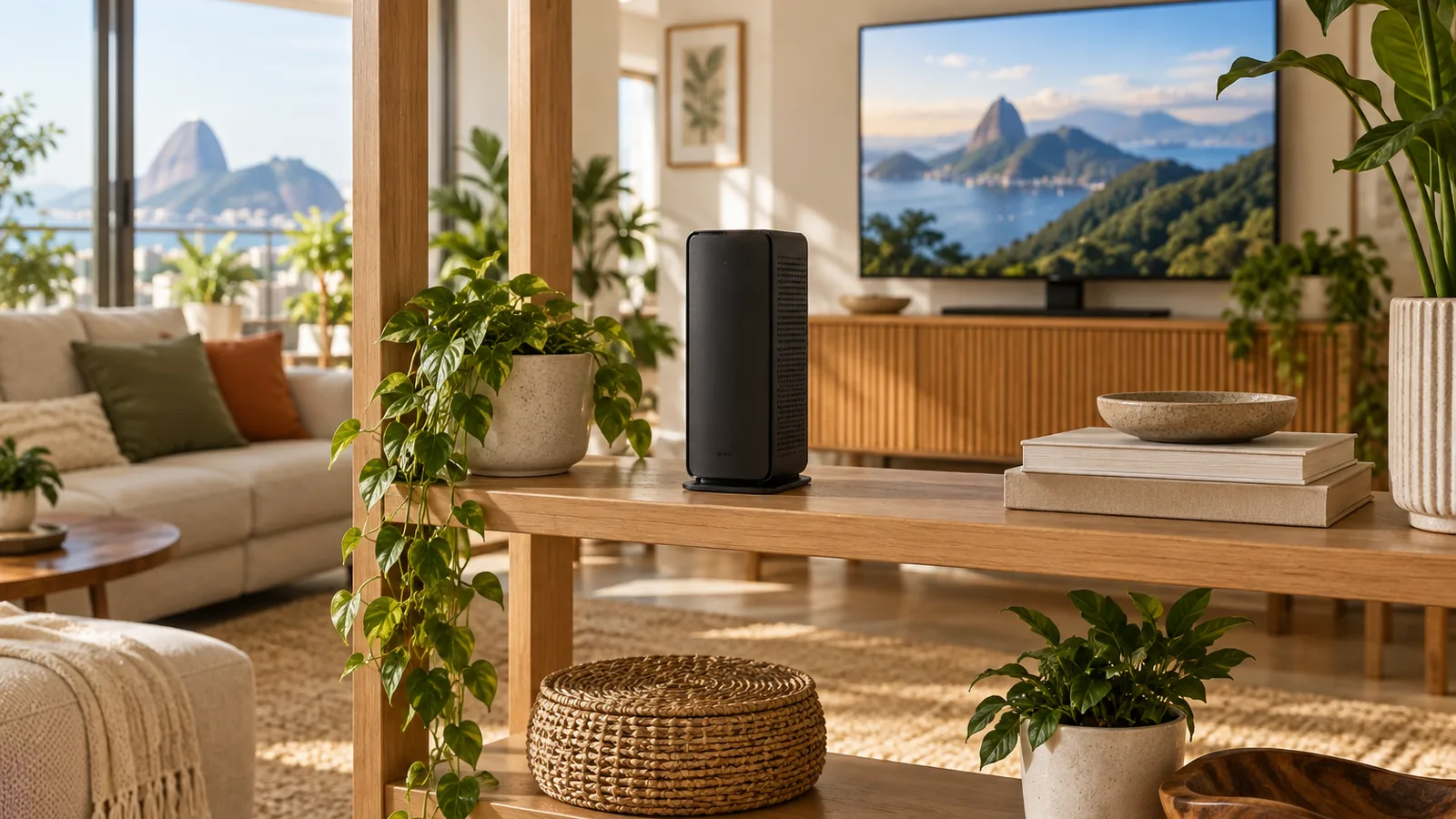 Roteador Wi-Fi sem marca sobre uma estante no centro de uma sala, com a TV ligada ao fundo