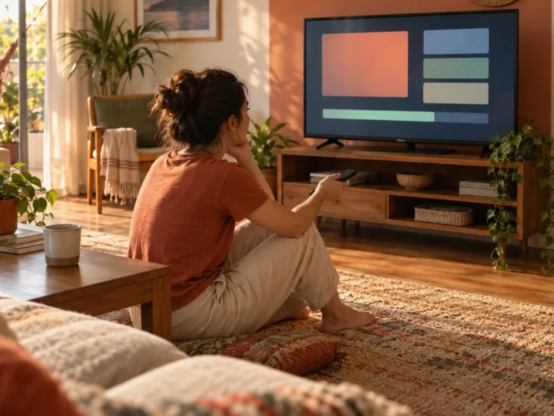 Pessoa sentada no chão da sala, com o controle na mão, olhando o menu de configurações de uma televisão de alguns anos atrás