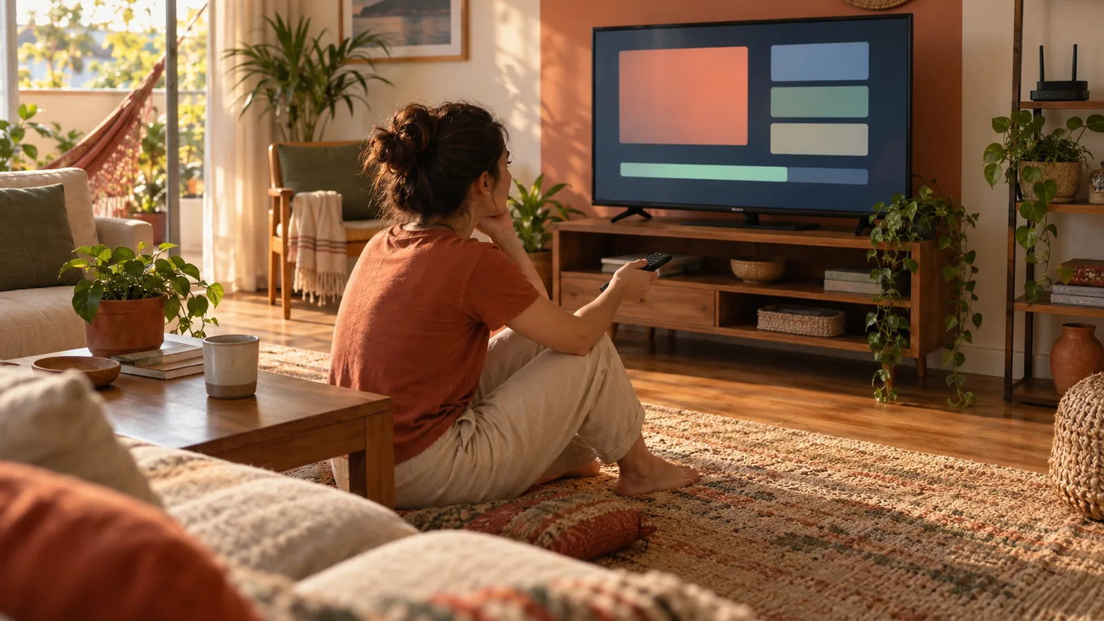 Pessoa sentada no chão da sala, com o controle na mão, olhando o menu de configurações de uma televisão de alguns anos atrás