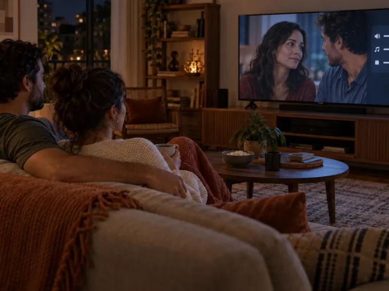 Casal no sofá assistindo a uma cena de conversa na TV, com o menu de ajustes de som aberto na tela