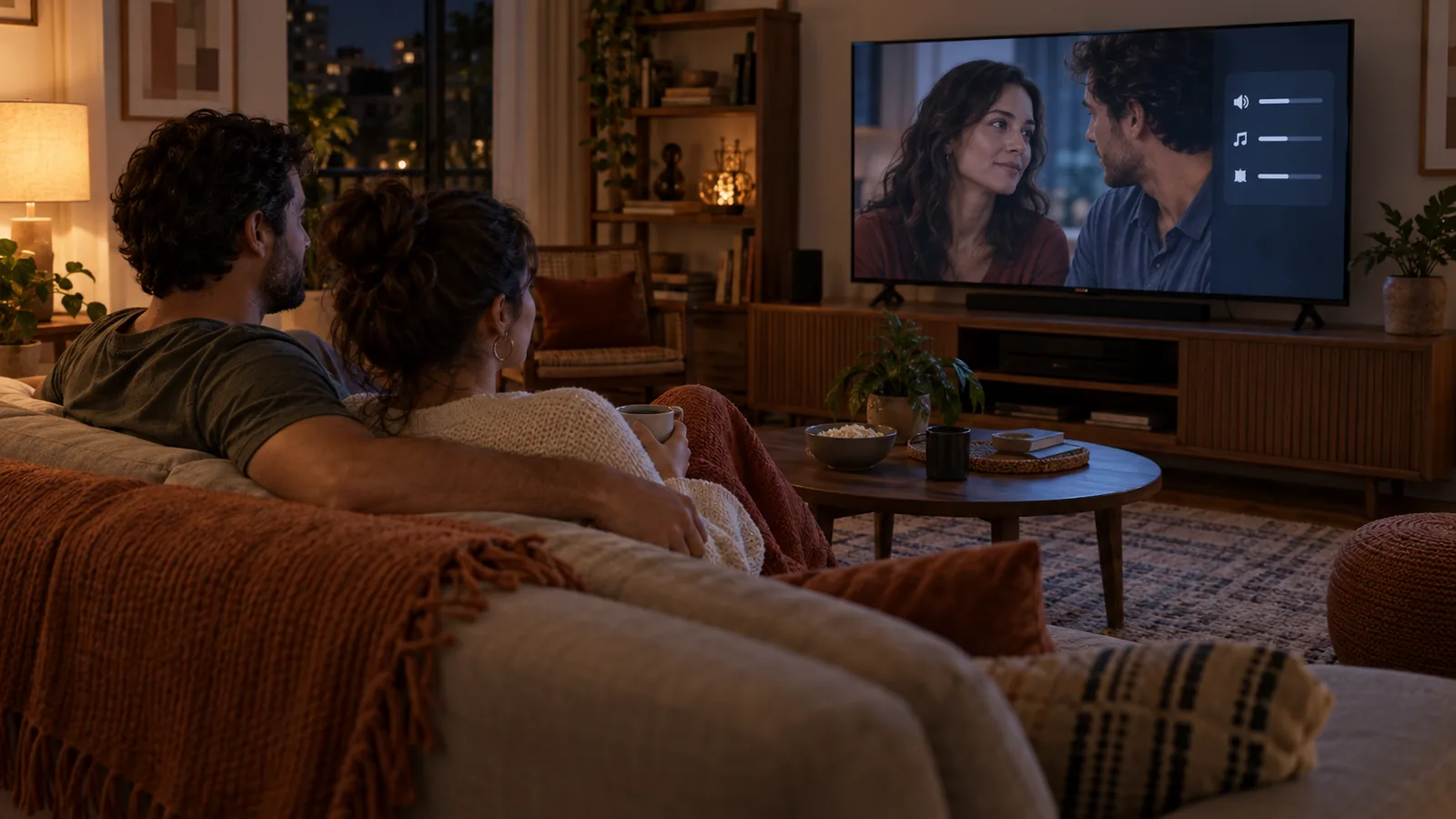 Casal no sofá assistindo a uma cena de conversa na TV, com o menu de ajustes de som aberto na tela