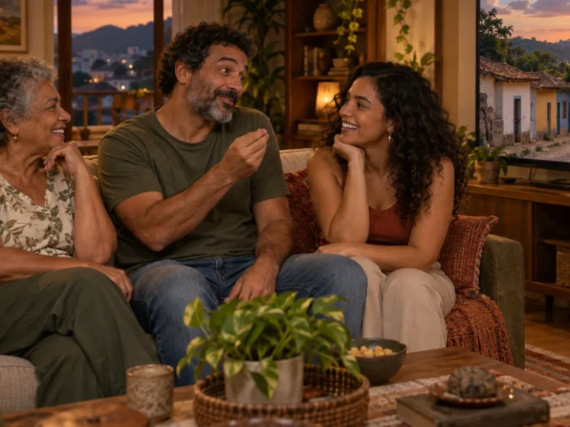 Família de diferentes regiões do Brasil conversando animada na sala enquanto a TV mostra uma novela