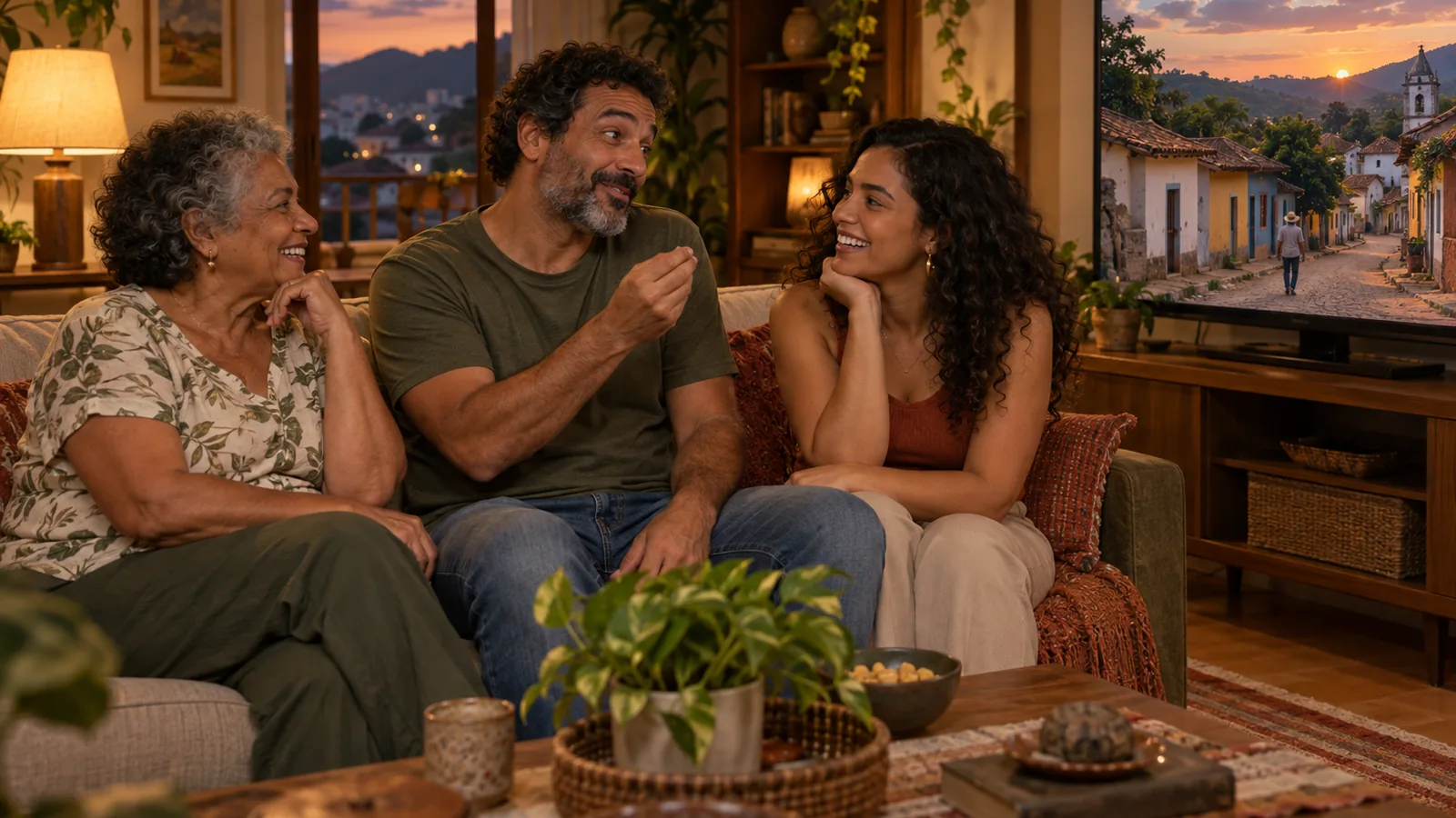 Família de diferentes regiões do Brasil conversando animada na sala enquanto a TV mostra uma novela