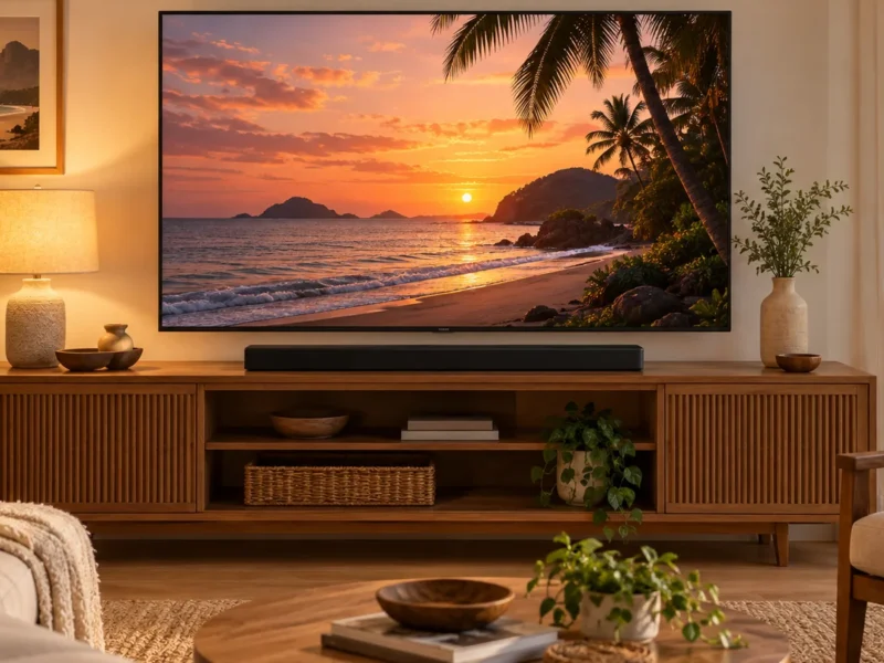 Barra de som genérica sobre um rack de madeira, logo abaixo de uma TV que mostra uma paisagem fictícia de praia